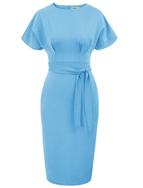 JASAMBAC Women's Bodycon Pencil Dress Office Wear to Work Dresses with Pocket Belt