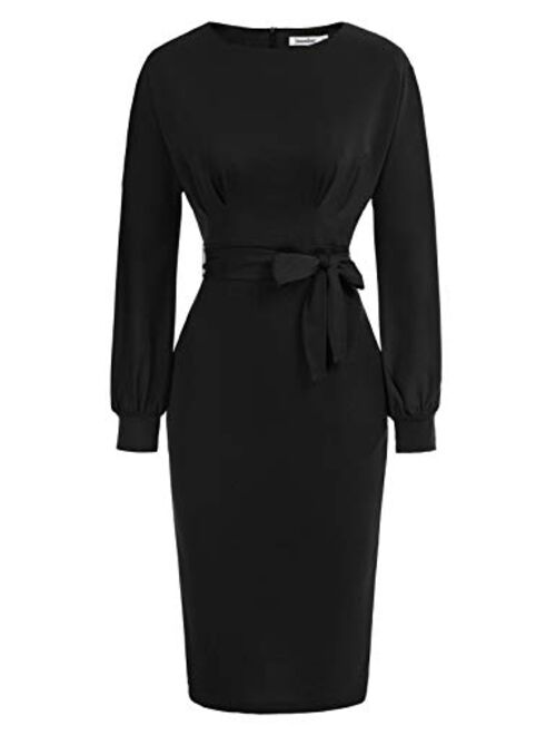 JASAMBAC Women's Bodycon Pencil Dress Office Wear to Work Dresses with Pocket Belt