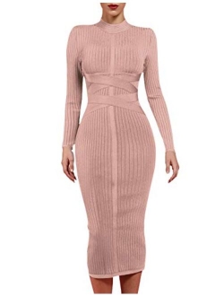 whoinshop Women's Cross Strap Ribbed Bandage Long Sleeve Midi Fall Winter Bodycon Party Dress