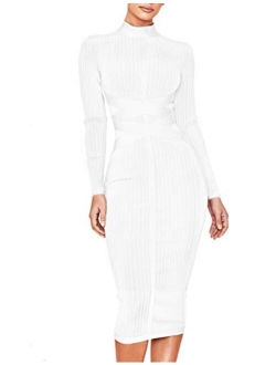 whoinshop Women's Cross Strap Ribbed Bandage Long Sleeve Midi Fall Winter Bodycon Party Dress