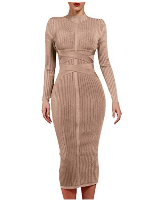 whoinshop Women's Cross Strap Ribbed Bandage Long Sleeve Midi Fall Winter Bodycon Party Dress