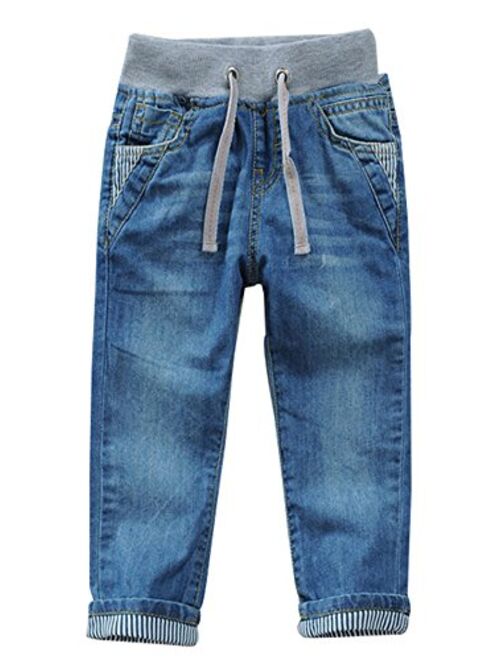 Toddler Kid Boy Elastic Mid Waist Washed Full Length Straight Pants Denim Jeans