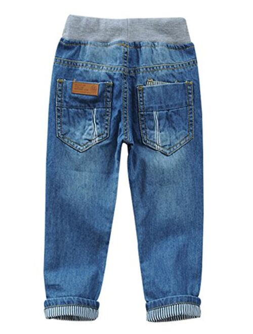 Toddler Kid Boy Elastic Mid Waist Washed Full Length Straight Pants Denim Jeans