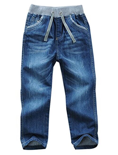 Toddler Kid Boy Elastic Mid Waist Washed Full Length Straight Pants Denim Jeans