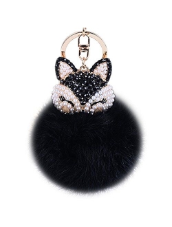 Boseen Genuine Rabbit Fur Ball Pom Pom Keychain with A fashion Alloy Fox Head Studded with Synthetic Diamonds(Rhinestone) for Womens Bag Cellphone Car Charm Pendant Decor