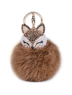 Boseen Genuine Rabbit Fur Ball Pom Pom Keychain with A fashion Alloy Fox Head Studded with Synthetic Diamonds(Rhinestone) for Womens Bag Cellphone Car Charm Pendant Decor