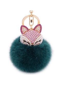 Boseen Genuine Rabbit Fur Ball Pom Pom Keychain with A fashion Alloy Fox Head Studded with Synthetic Diamonds(Rhinestone) for Womens Bag Cellphone Car Charm Pendant Decor