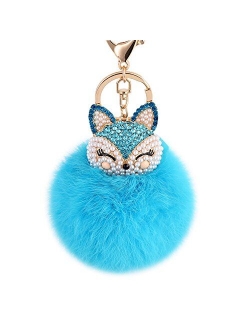 Boseen Genuine Rabbit Fur Ball Pom Pom Keychain with A fashion Alloy Fox Head Studded with Synthetic Diamonds(Rhinestone) for Womens Bag Cellphone Car Charm Pendant Decor