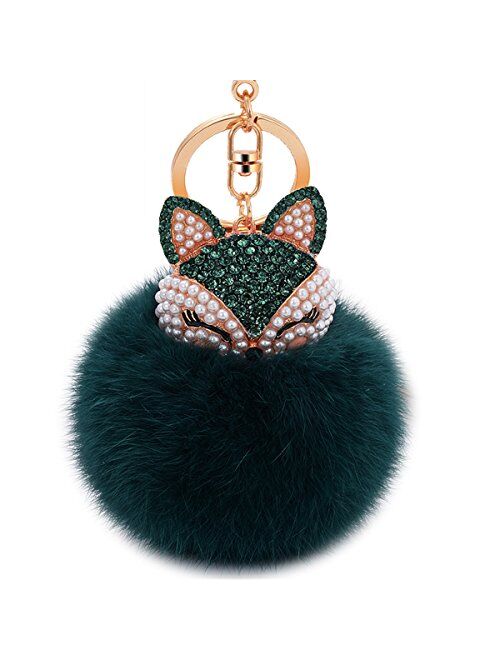 Boseen Genuine Rabbit Fur Ball Pom Pom Keychain with A fashion Alloy Fox Head Studded with Synthetic Diamonds(Rhinestone) for Womens Bag Cellphone Car Charm Pendant Decor