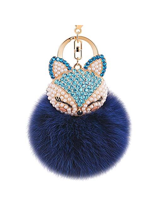 Boseen Genuine Rabbit Fur Ball Pom Pom Keychain with A fashion Alloy Fox Head Studded with Synthetic Diamonds(Rhinestone) for Womens Bag Cellphone Car Charm Pendant Decor