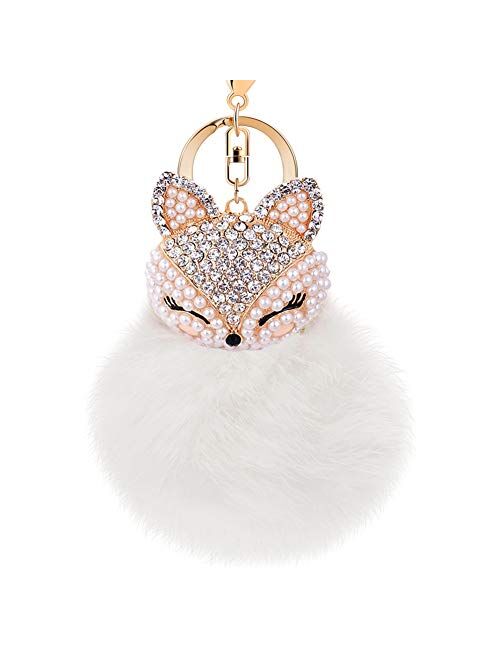 Boseen Genuine Rabbit Fur Ball Pom Pom Keychain with A fashion Alloy Fox Head Studded with Synthetic Diamonds(Rhinestone) for Womens Bag Cellphone Car Charm Pendant Decor