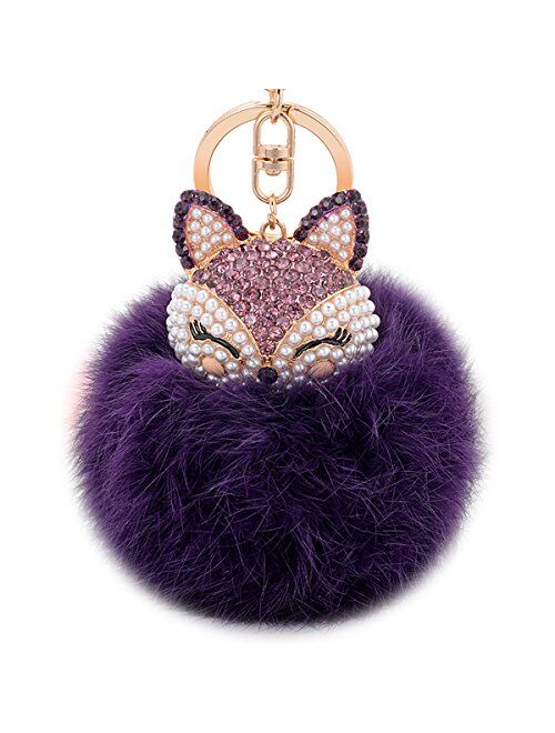 Boseen Genuine Rabbit Fur Ball Pom Pom Keychain with A fashion Alloy Fox Head Studded with Synthetic Diamonds(Rhinestone) for Womens Bag Cellphone Car Charm Pendant Decor