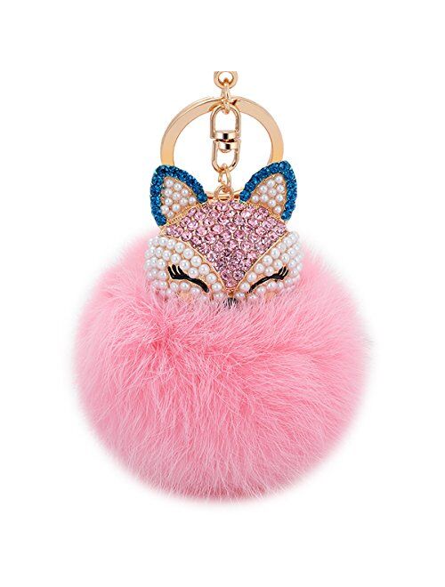 Boseen Genuine Rabbit Fur Ball Pom Pom Keychain with A fashion Alloy Fox Head Studded with Synthetic Diamonds(Rhinestone) for Womens Bag Cellphone Car Charm Pendant Decor