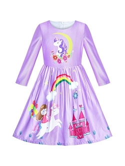 Girls Dress Long Sleeve Unicorn Castle Rainbow Purple Size 5-10