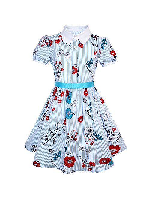 Sunny Fashion Girls Dress School Blue Strip Print Size 4-10