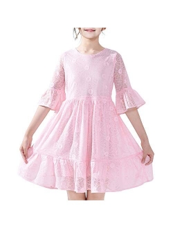 Girls Dress Purple Lotus Sleeve Lace Princess Party Dress