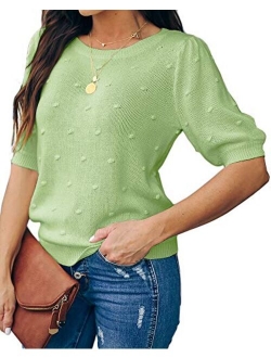 Foshow Womens Spring Puff Short Sleeve Sweaters Crew Neck Pullover Tops Dot Loose Lightweight Knit Blouse Shirt