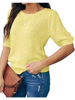 Foshow Womens Spring Puff Short Sleeve Sweaters Crew Neck Pullover Tops Dot Loose Lightweight Knit Blouse Shirt