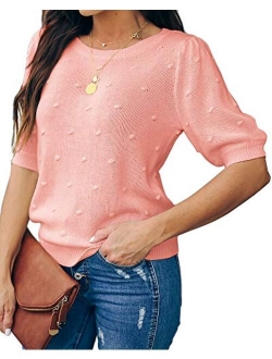 Foshow Womens Spring Puff Short Sleeve Sweaters Crew Neck Pullover Tops Dot Loose Lightweight Knit Blouse Shirt