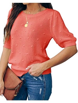 Foshow Womens Spring Puff Short Sleeve Sweaters Crew Neck Pullover Tops Dot Loose Lightweight Knit Blouse Shirt