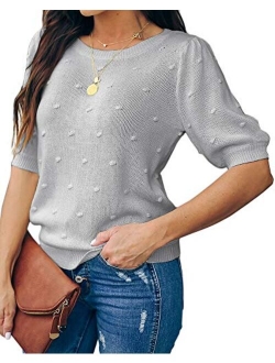 Foshow Womens Spring Puff Short Sleeve Sweaters Crew Neck Pullover Tops Dot Loose Lightweight Knit Blouse Shirt