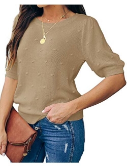 Foshow Womens Spring Puff Short Sleeve Sweaters Crew Neck Pullover Tops Dot Loose Lightweight Knit Blouse Shirt