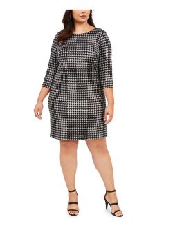 Womens Silver Glitter Zippered Houndstooth 3/4 Sleeve Jewel Neck Above The Knee Sheath Party Dress Size 16W