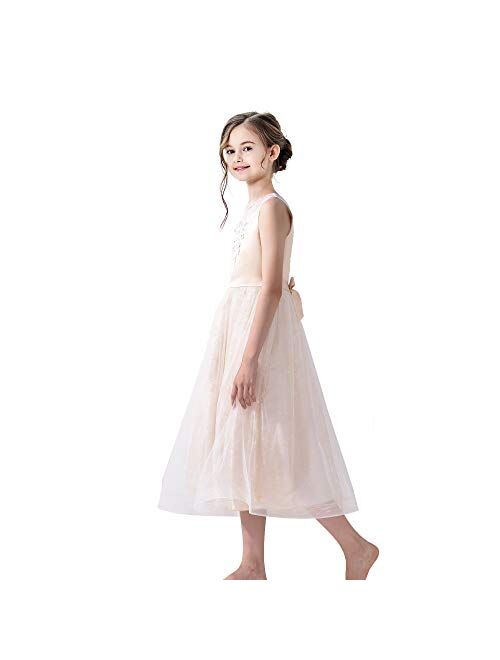 Sunny Fashion Flower Girl Dress Tea Length Champagne Wedding Bridesmaid