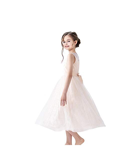 Sunny Fashion Flower Girl Dress Tea Length Champagne Wedding Bridesmaid