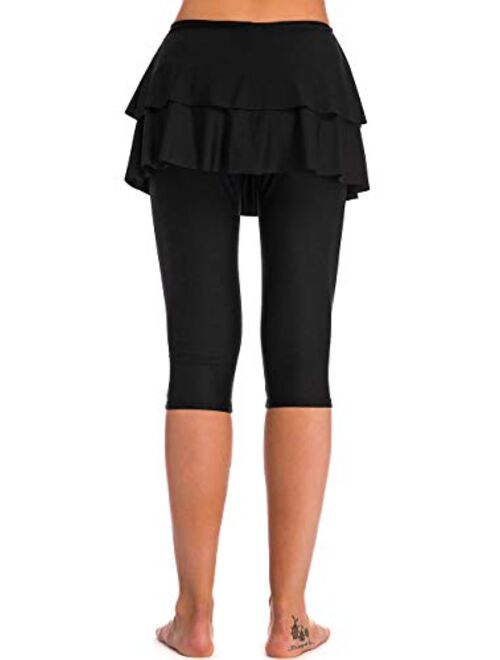 Labelar Skirted Swim Capris Women Layered Ruffle Swimming Skirt with Leggings Pants