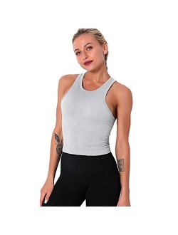 Women Seamless Workout Tank Tops Ribbed Gym Athletic Camisole with Built in Bra