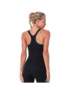 Women Seamless Workout Tank Tops Ribbed Gym Athletic Camisole with Built in Bra