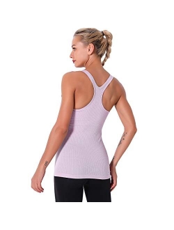 Women Seamless Workout Tank Tops Ribbed Gym Athletic Camisole with Built in Bra