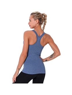 Women Seamless Workout Tank Tops Ribbed Gym Athletic Camisole with Built in Bra