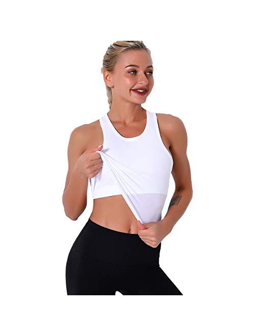 Women Seamless Workout Tank Tops Ribbed Gym Athletic Camisole with Built in Bra