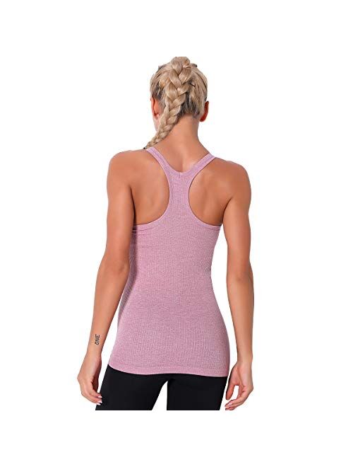 Women Seamless Workout Tank Tops Ribbed Gym Athletic Camisole with Built in Bra