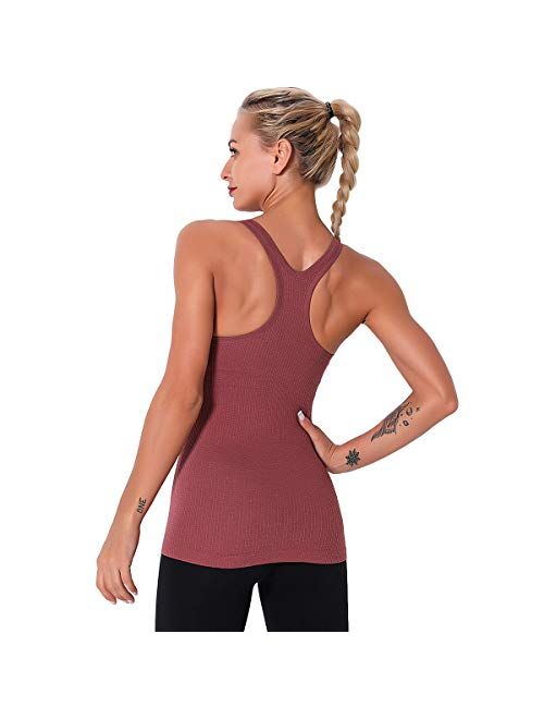 Women Seamless Workout Tank Tops Ribbed Gym Athletic Camisole with Built in Bra