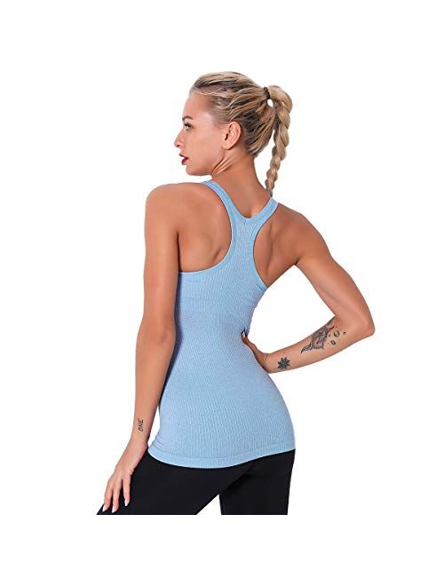 Women Seamless Workout Tank Tops Ribbed Gym Athletic Camisole with Built in Bra