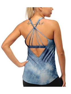 icyzone Built in Bra Workout Tank Tops for Women - Open Back Strappy Athletic Yoga Tops Exercise Running Gym Shirts