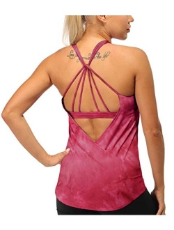 icyzone Built in Bra Workout Tank Tops for Women - Open Back Strappy Athletic Yoga Tops Exercise Running Gym Shirts