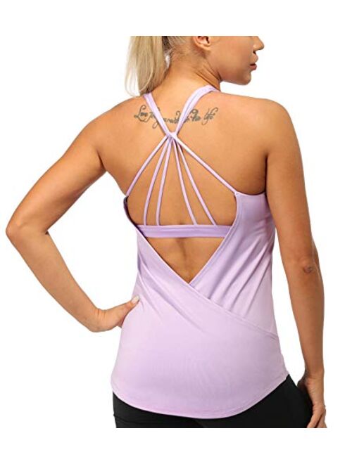 icyzone Built in Bra Workout Tank Tops for Women - Open Back Strappy Athletic Yoga Tops Exercise Running Gym Shirts