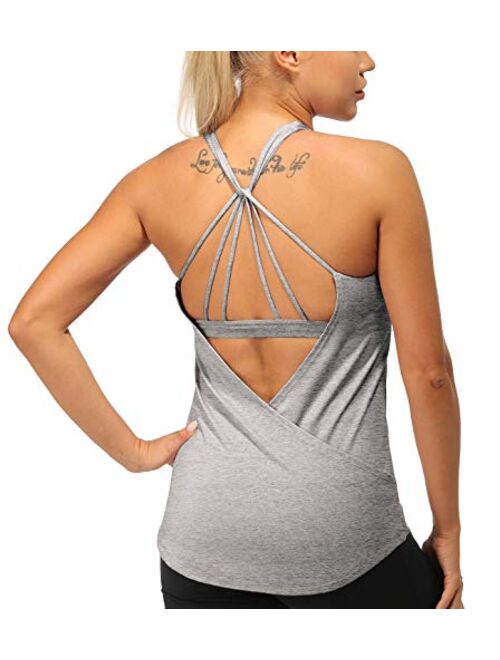 icyzone Built in Bra Workout Tank Tops for Women - Open Back Strappy Athletic Yoga Tops Exercise Running Gym Shirts