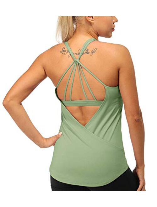 icyzone Built in Bra Workout Tank Tops for Women - Open Back Strappy Athletic Yoga Tops Exercise Running Gym Shirts