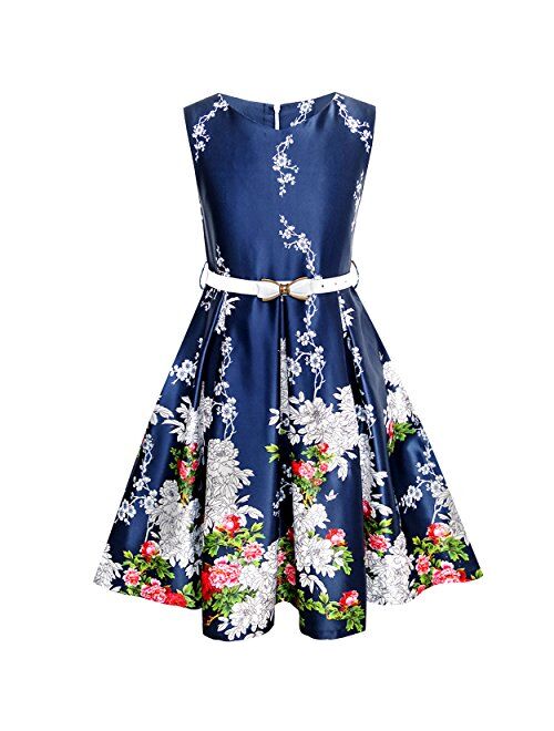 Sunny Fashion Girls Dress Navy Blue Flower Belt Vintage Party Size 6-14