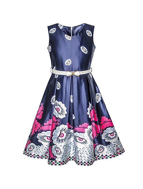 Sunny Fashion Girls Dress Navy Blue Flower Belt Vintage Party Size 6-14