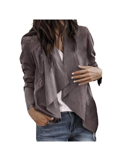 Misaky Women's 2018 Autumn Leather Open Front Short Cardigan Suit Jacket Work Office Coat