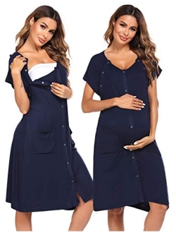 3 in 1 Nursing Dress Maternity Nightgown Labor/Delivery Breastfeeding Birthing Gown with Button