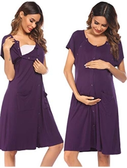 3 in 1 Nursing Dress Maternity Nightgown Labor/Delivery Breastfeeding Birthing Gown with Button