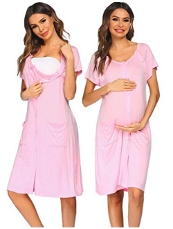 3 in 1 Nursing Dress Maternity Nightgown Labor/Delivery Breastfeeding Birthing Gown with Button