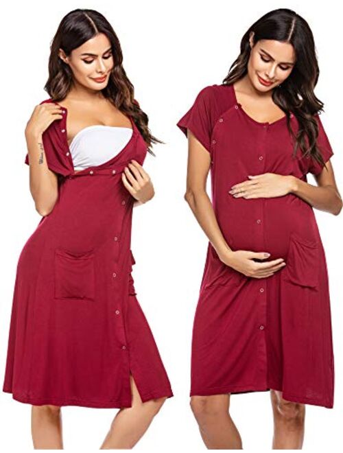 Ekouaer 3 in 1 Nursing Dress Maternity Nightgown Labor/Delivery Breastfeeding Birthing Gown with Button